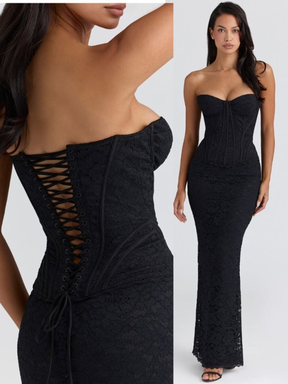 House of CB Solaine Dress Black Lace Corset Strapless Maxi Size M Plus Cup